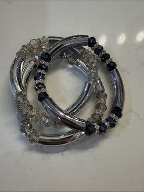 Silver and Black/Smokey Crystal Stretch Bracelet Set (3) - Women’s Jewellery